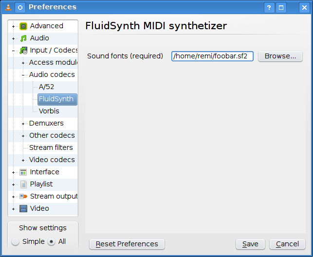 VLC FluidSynth plugin configuration